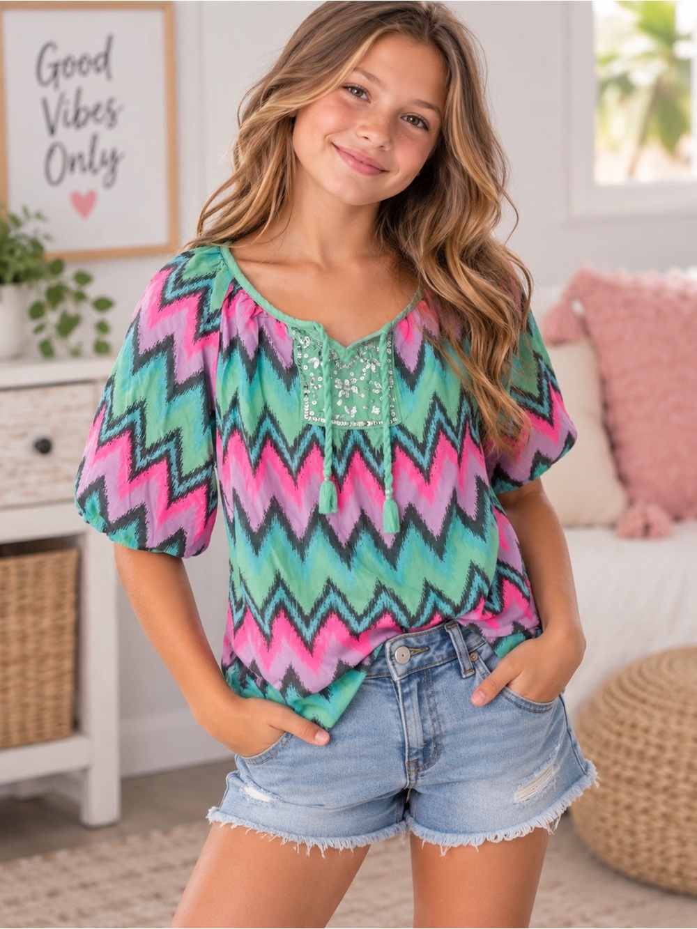 Justice New Size 10/12 Boho Chevron Peasant Top in Pink & Green